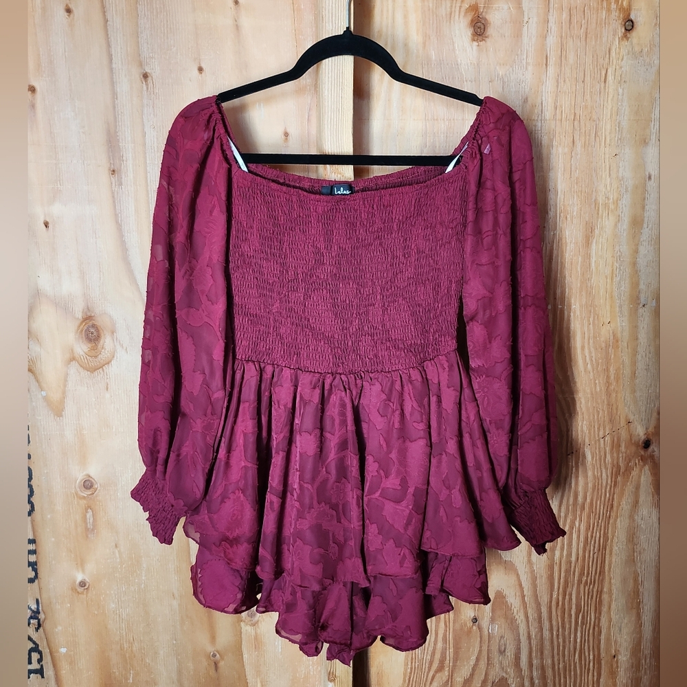 Lulu's Burgundy Romper with Ruffled Hem